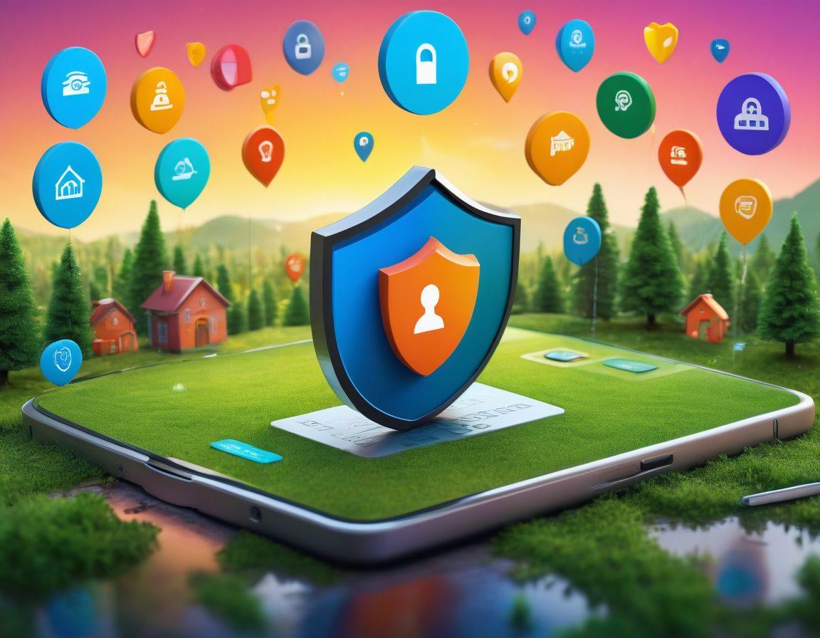 A vibrant and modern digital landscape illustrating the concept of online insurance. Depict a confident person navigating a user-friendly website filled with insurance options, showing a variety of coverage plans. Include visual icons representing security (like shields and locks) and affordability (dollar signs). The atmosphere should convey assurance and positivity. super-realistic. vibrant colors. 3D.