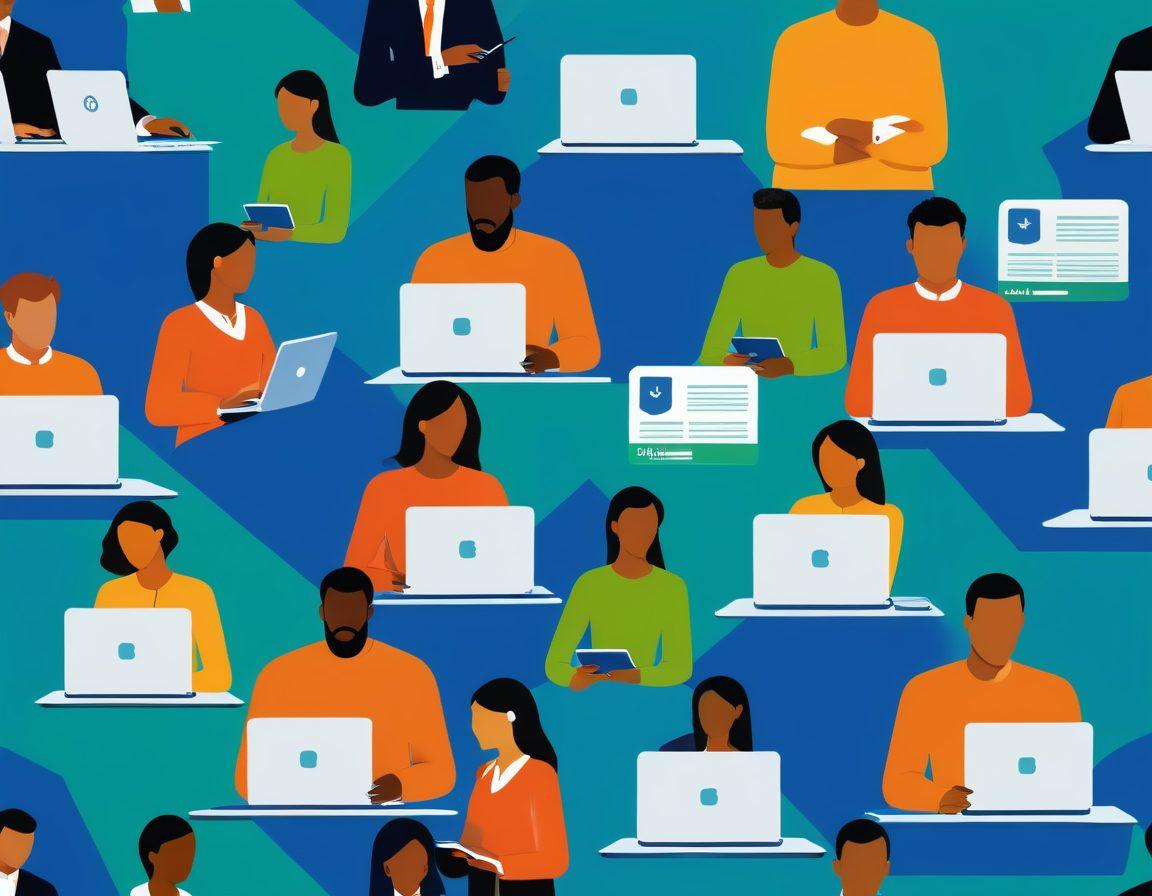 A modern, sleek illustration depicting a diverse group of people engaging with their devices, exploring online insurance options. Incorporate symbols of security like locks and shields subtly in the background, along with dollar signs to emphasize affordability. A visually appealing setup with a calming color palette, showcasing elements of technology and finance intertwined. vibrant colors. vector art. white background.