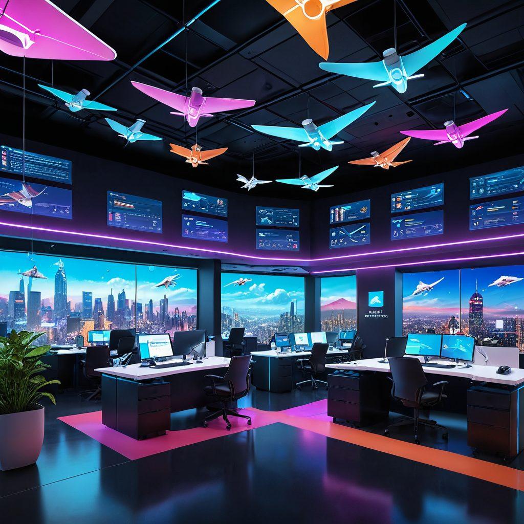 A whimsical scene of a digital landscape featuring a futuristic insurance office intertwined with elements like drones and paper airplanes soaring in the sky. Incorporate digital devices displaying insurance policies in a playful manner, with cheerful fly enthusiasts exploring smart solutions. Bright colors and an inviting atmosphere to appeal to adventure and innovation enthusiasts. vibrant colors. 3D. cyberpunk.